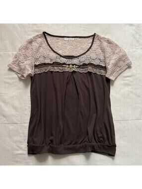 Axes Femme Brown and pink lace top with beaded details Size medium